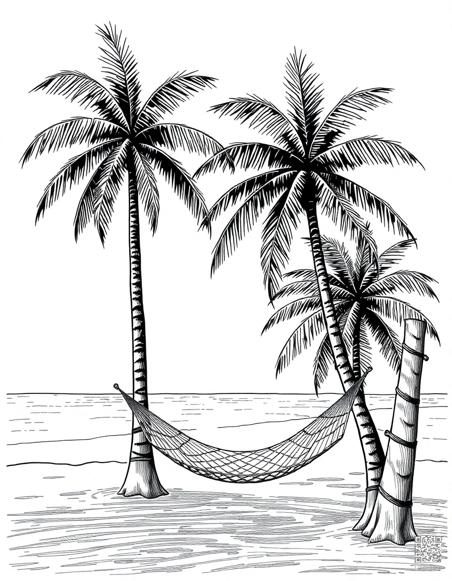 Free tropical beach with palm trees and hammock coloring page in crosshatch style — printable line art