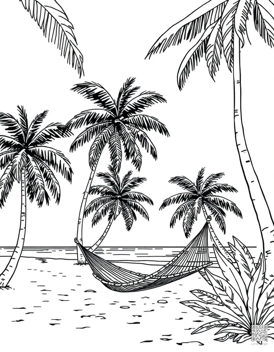 Free tropical beach with palm trees and hammock coloring page in manga style — printable line art