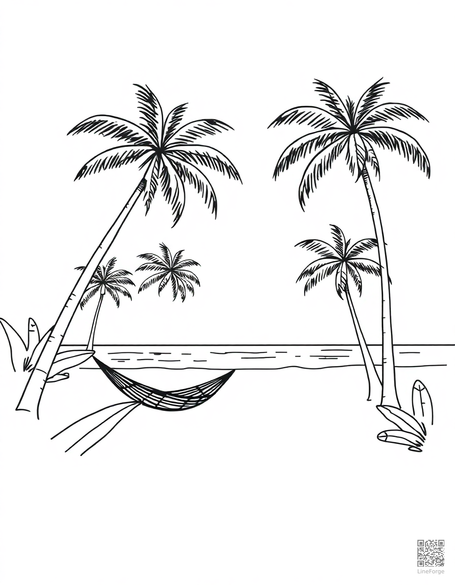 Free tropical beach with palm trees and hammock coloring page in minimal style — printable line art