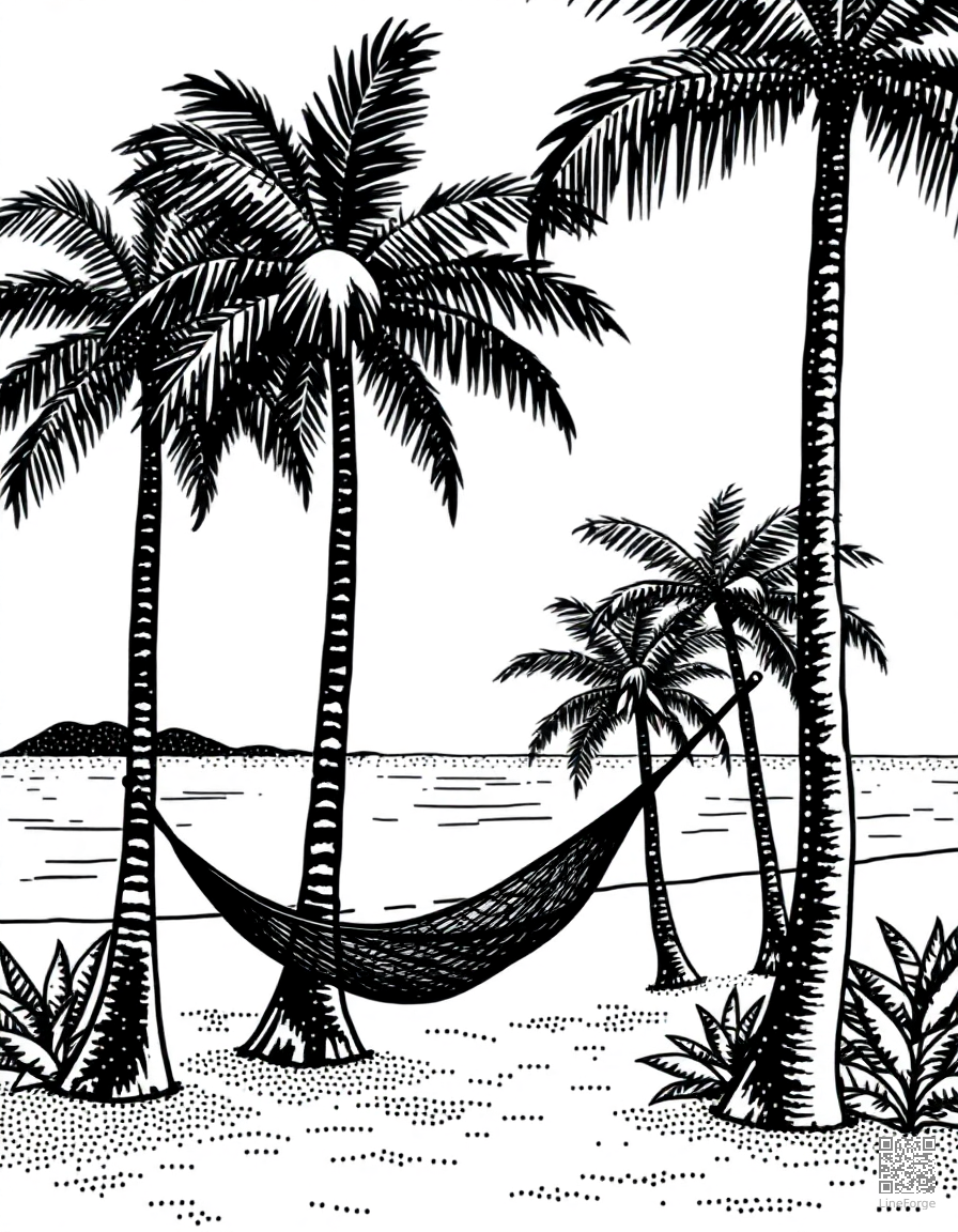 Free tropical beach with palm trees and hammock coloring page in stipple style — printable line art
