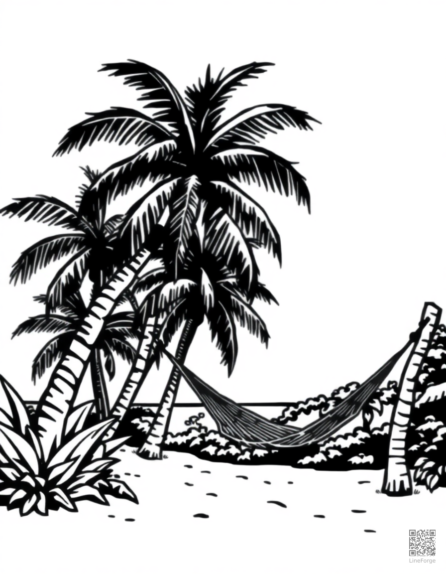 Free tropical beach with palm trees and hammock coloring page in woodcut style — printable line art