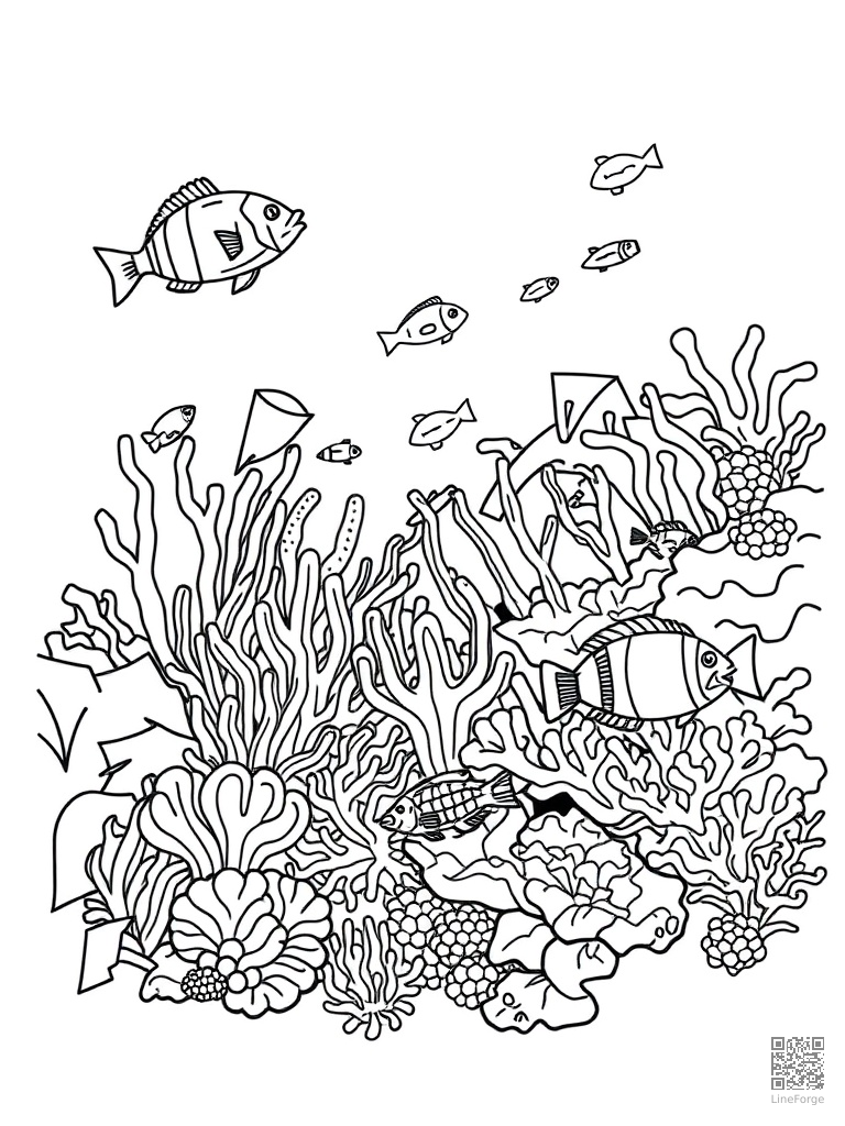 Free tropical coral reef snorkeling with colorful fish coloring page in contour style — printable line art