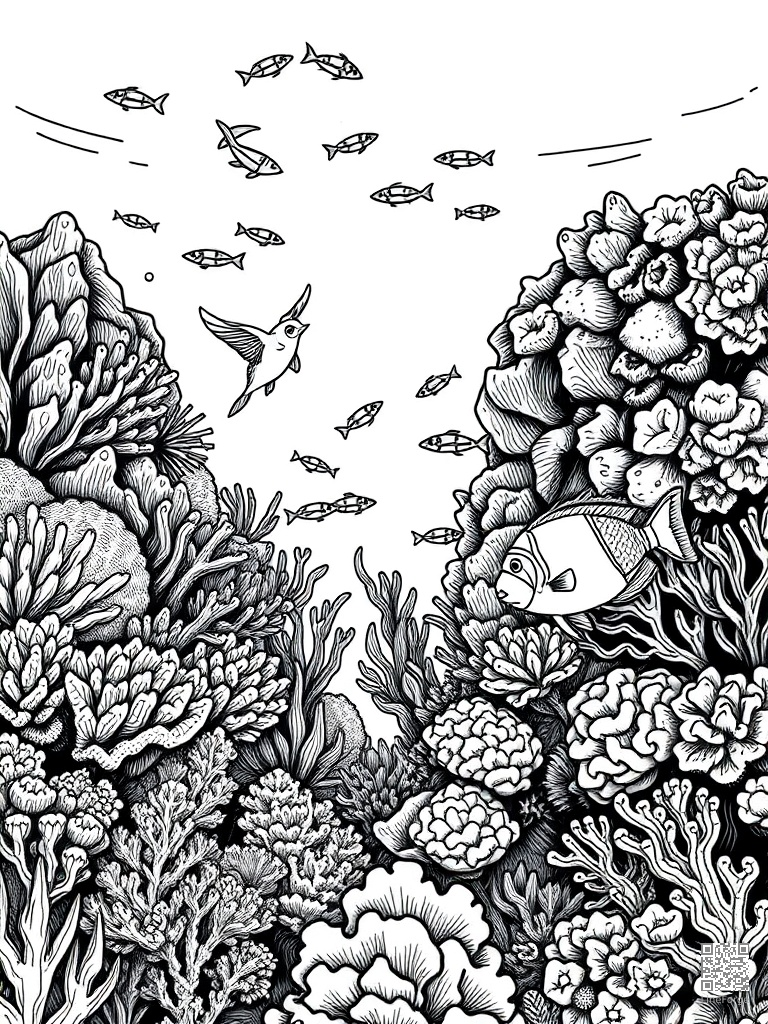 Free tropical coral reef snorkeling with colorful fish coloring page in crosshatch style — printable line art