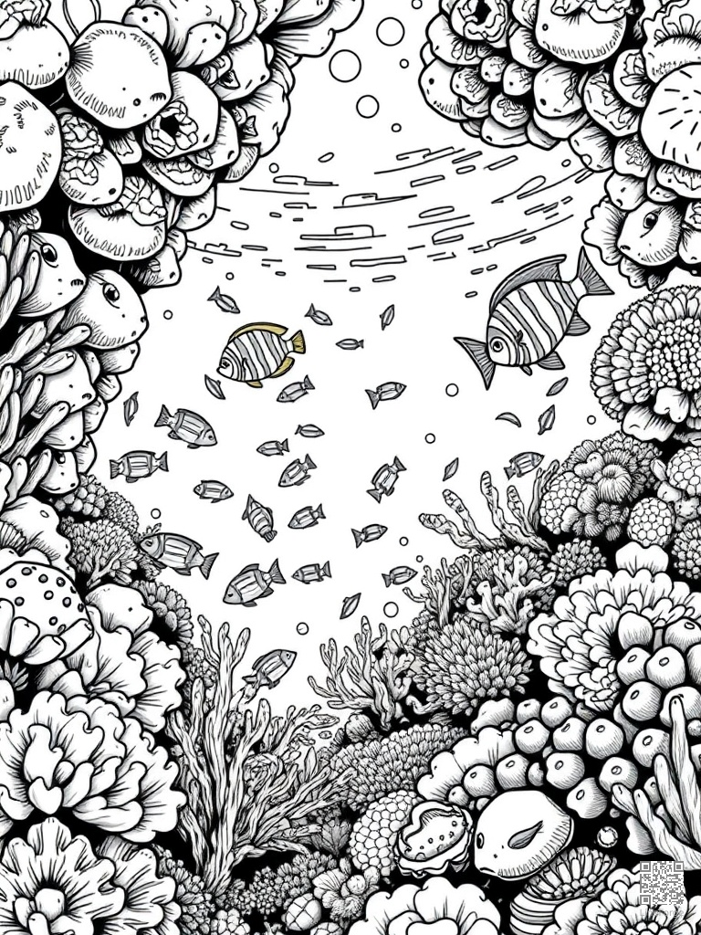 Free tropical coral reef snorkeling with colorful fish coloring page in manga style — printable line art