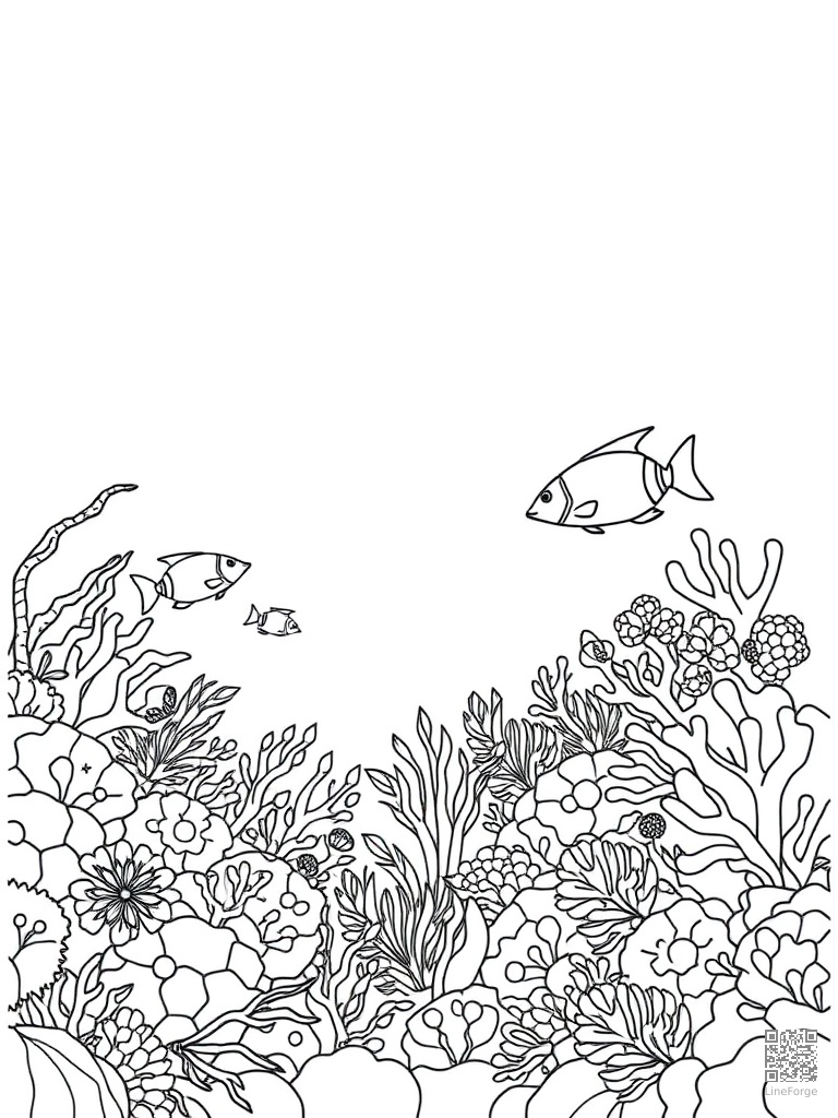 Free tropical coral reef snorkeling with colorful fish coloring page in minimal style — printable line art