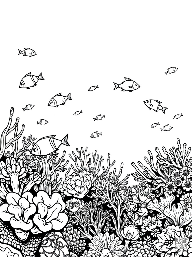 Free tropical coral reef snorkeling with colorful fish coloring page in woodcut style — printable line art