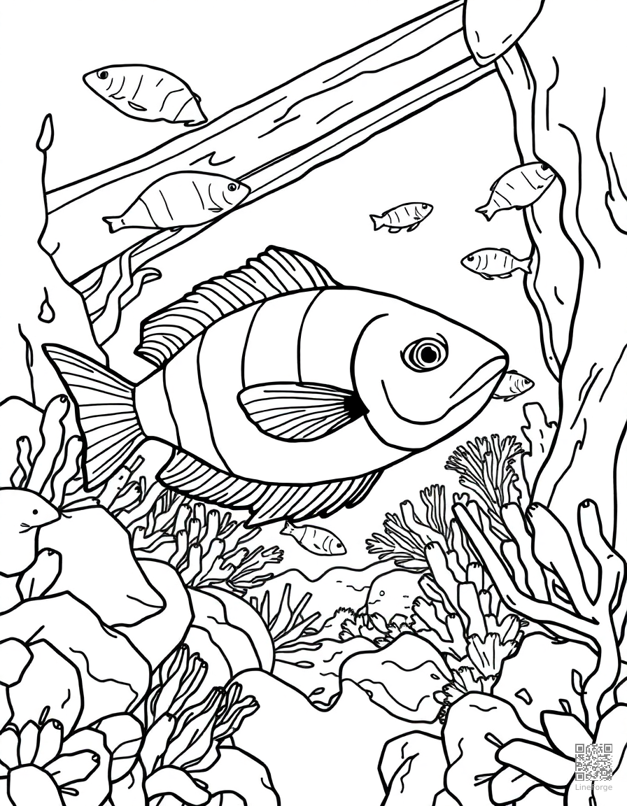 Free tropical fish swimming through a shipwreck coloring page in contour style — printable line art