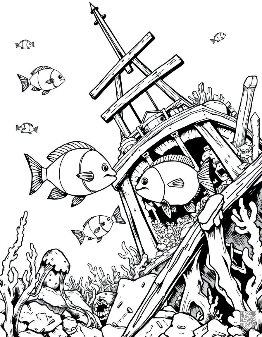 Free tropical fish swimming through a shipwreck coloring page in manga style — printable line art