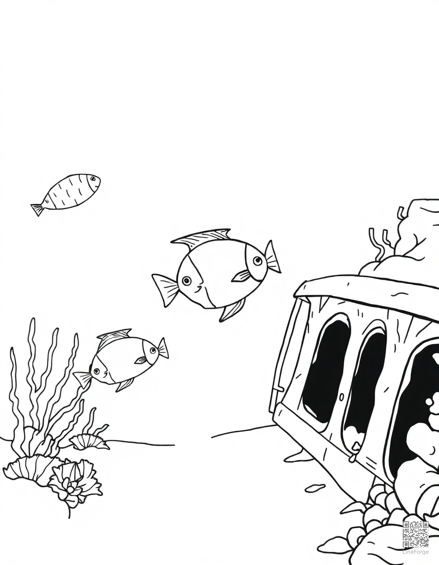 Free tropical fish swimming through a shipwreck coloring page in minimal style — printable line art