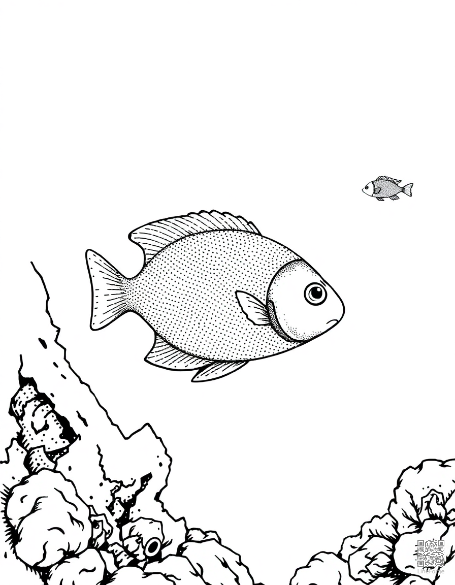 Free tropical fish swimming through a shipwreck coloring page in stipple style — printable line art
