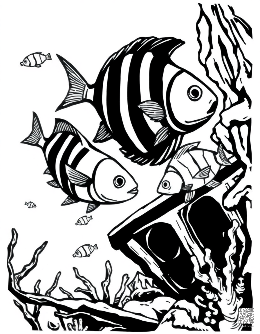 Free tropical fish swimming through a shipwreck coloring page in woodcut style — printable line art