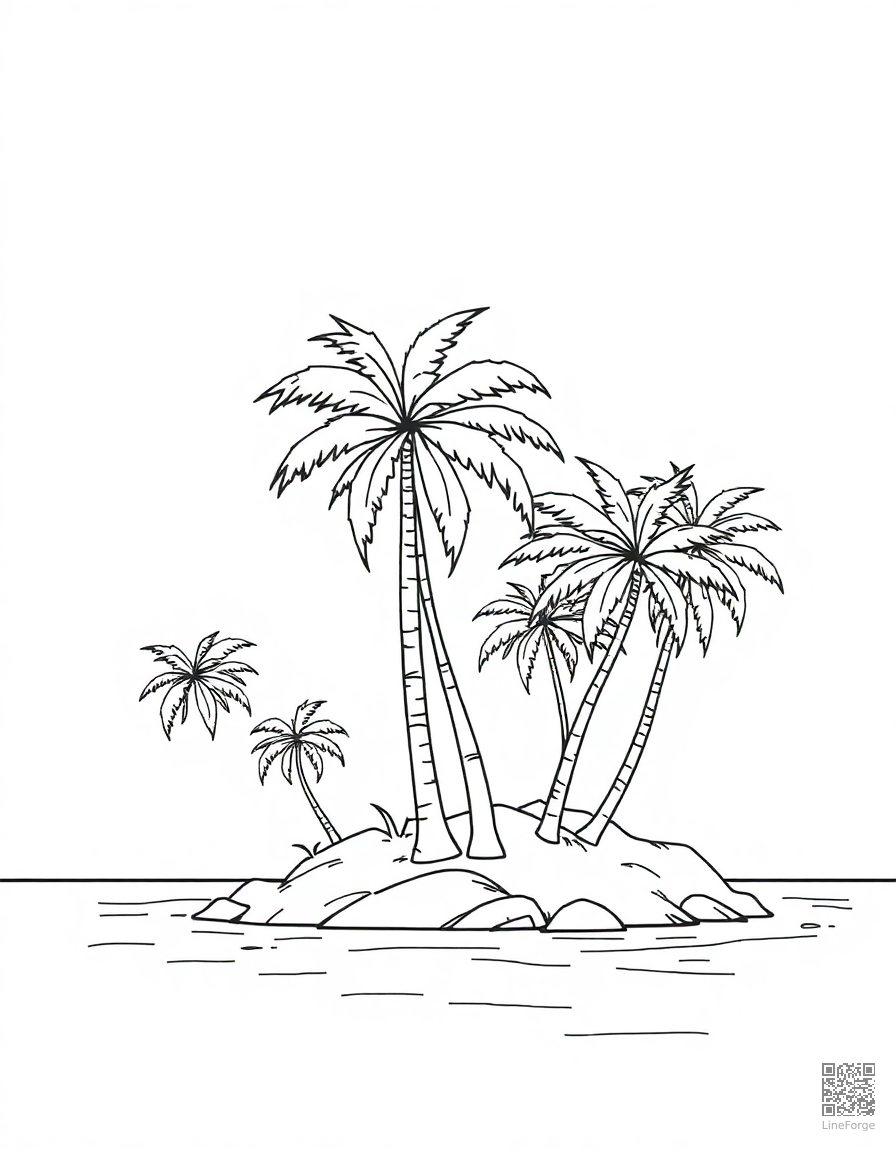Free tropical island with palm trees coloring page in contour style — printable line art