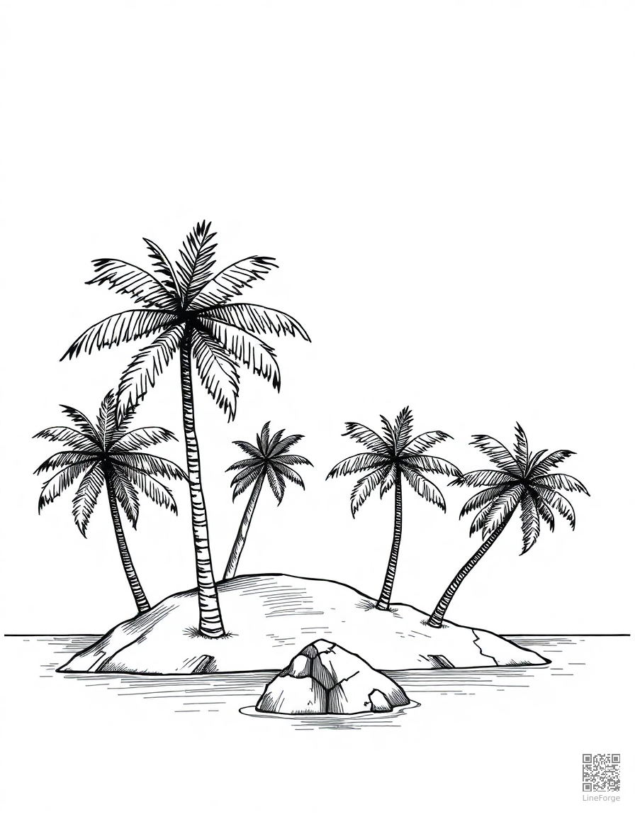 Free tropical island with palm trees coloring page in crosshatch style — printable line art