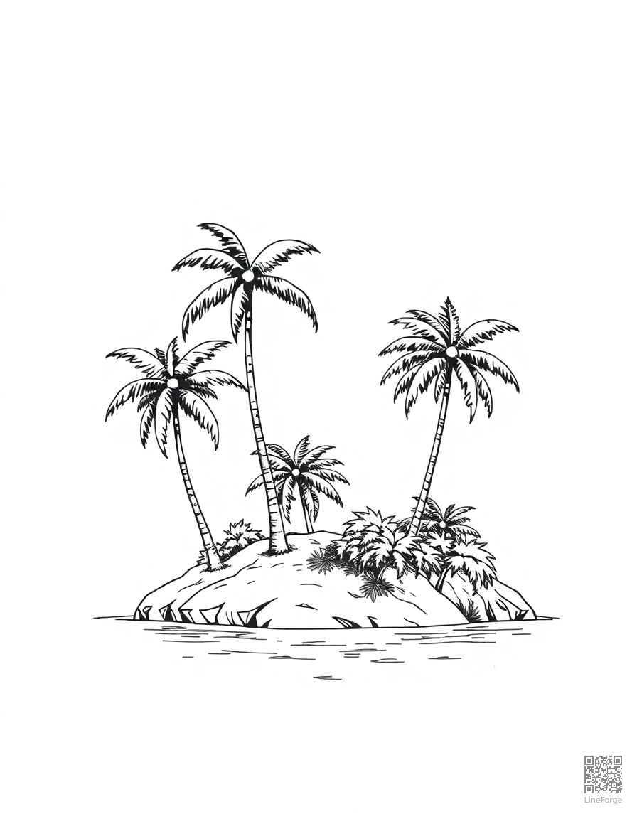 Free tropical island with palm trees coloring page in manga style — printable line art