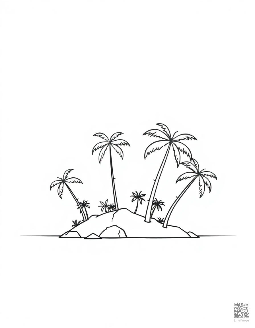 Free tropical island with palm trees coloring page in minimal style — printable line art