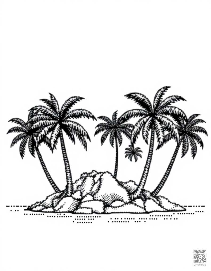 Free tropical island with palm trees coloring page in stipple style — printable line art