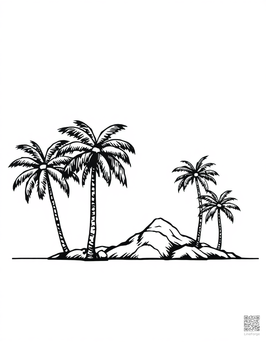 Free tropical island with palm trees coloring page in woodcut style — printable line art