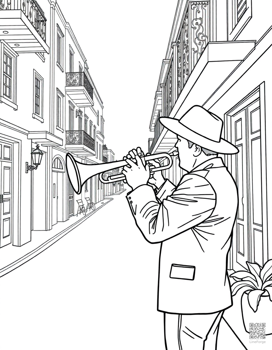 trumpet player in a new orleans street coloring page Contour style - free printable
