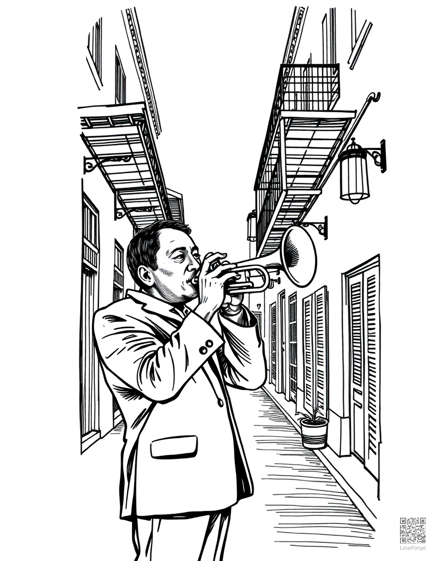 trumpet player in a new orleans street coloring page Crosshatch style - free printable