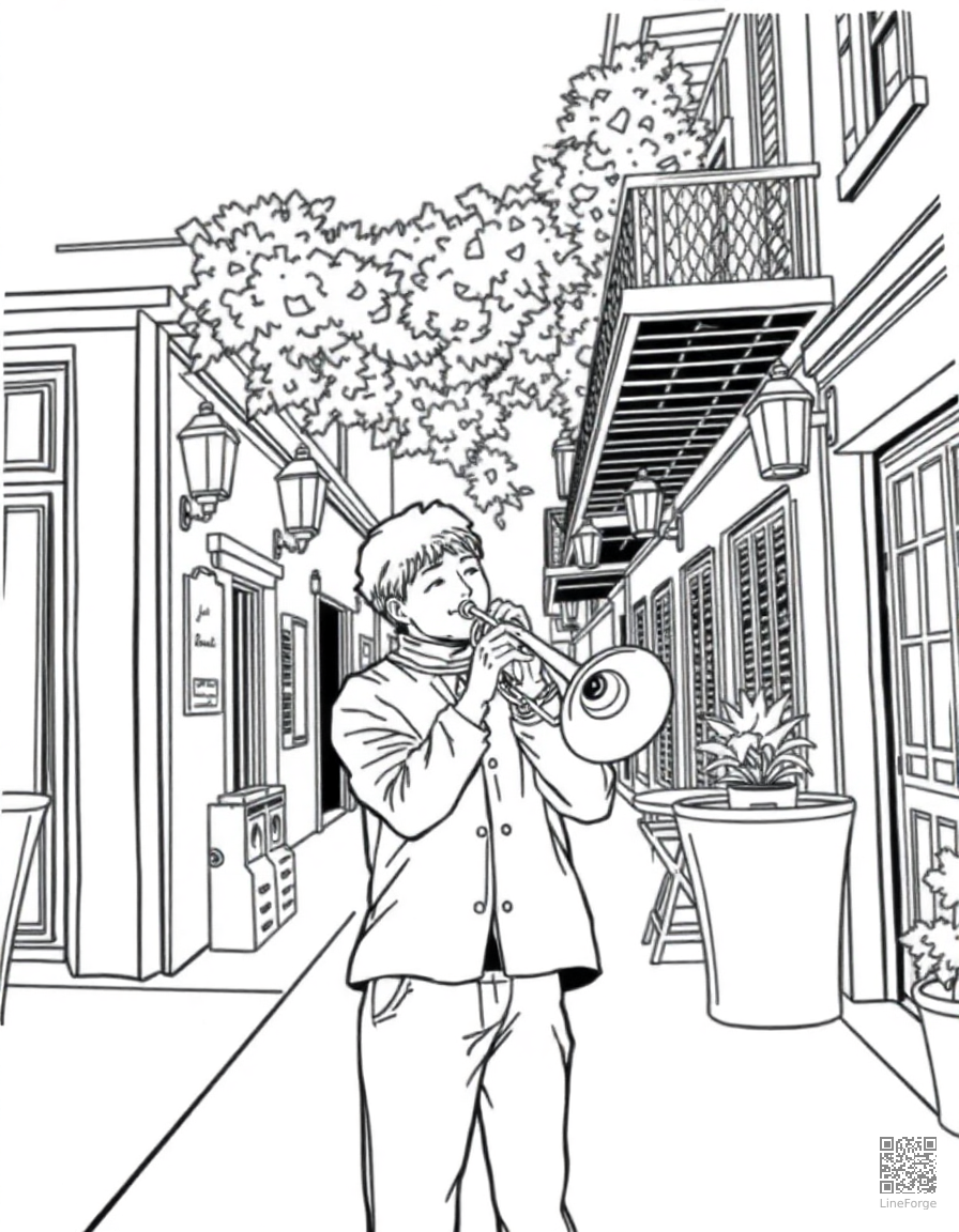 trumpet player in a new orleans street coloring page Manga style - free printable