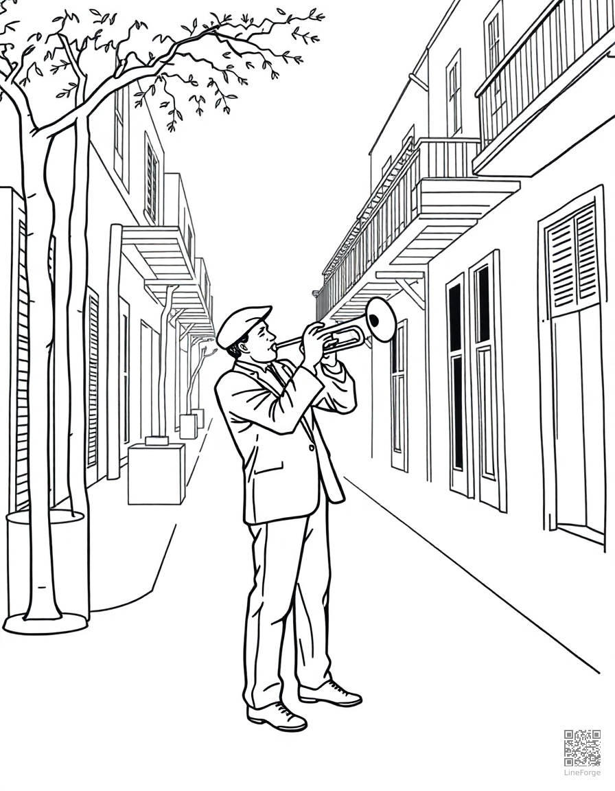 trumpet player in a new orleans street coloring page Minimal style - free printable