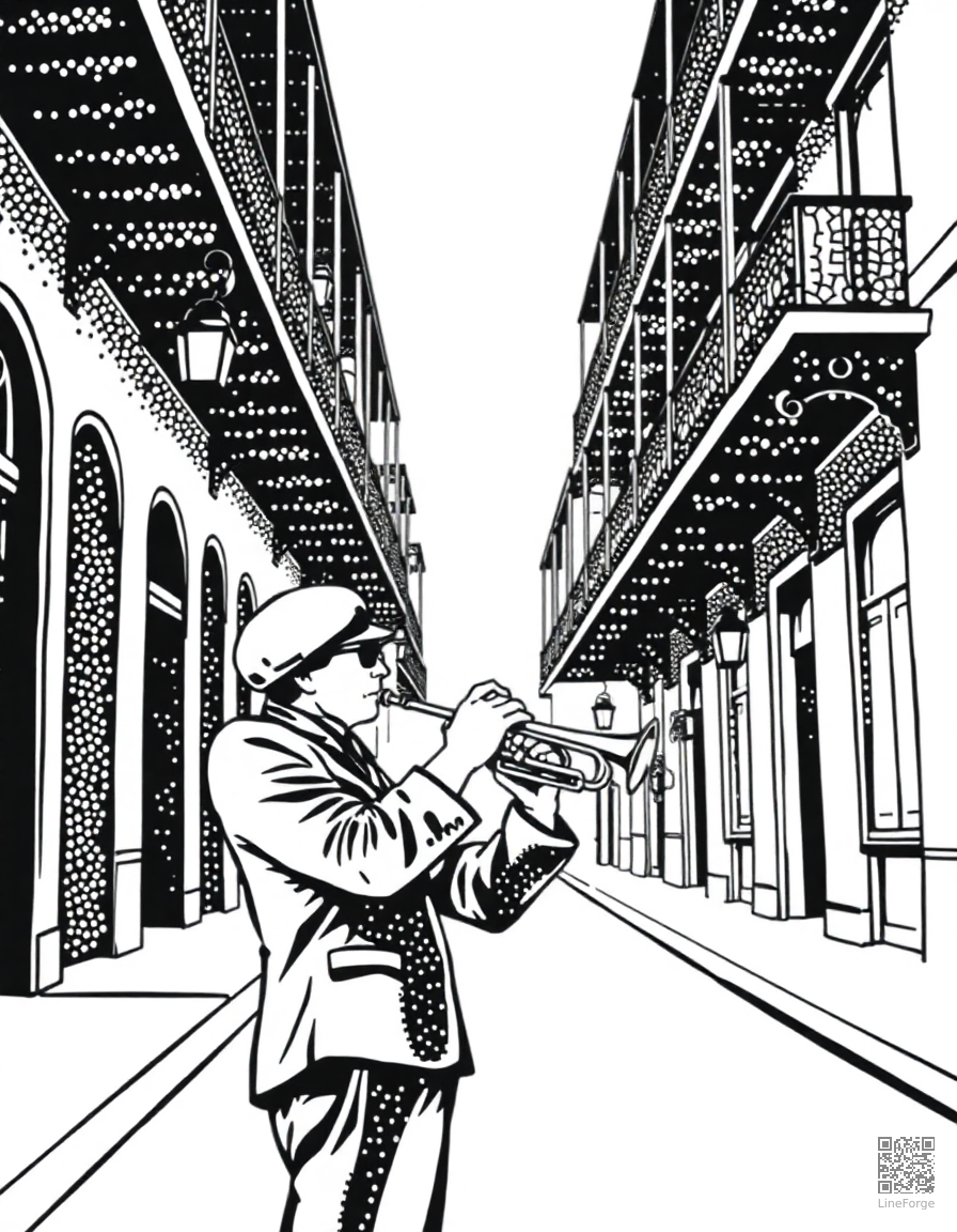 trumpet player in a new orleans street coloring page Stipple style - free printable