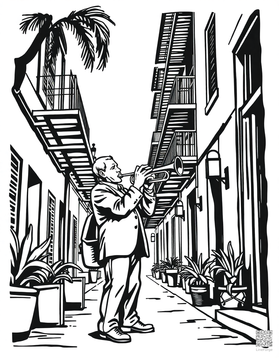 trumpet player in a new orleans street coloring page Woodcut style - free printable