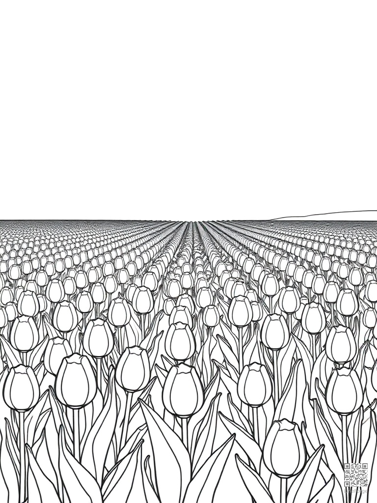 Tulip field stretching to the horizon in rows coloring page Contour style - free printable