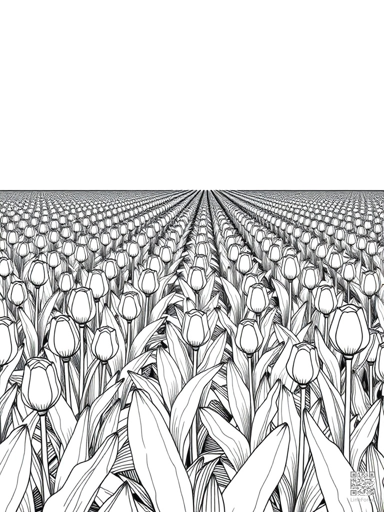Tulip field stretching to the horizon in rows coloring page Crosshatch style - free printable