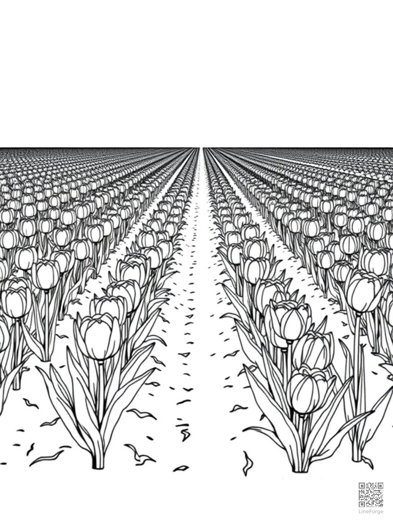 Tulip field stretching to the horizon in rows coloring page Manga style - free printable