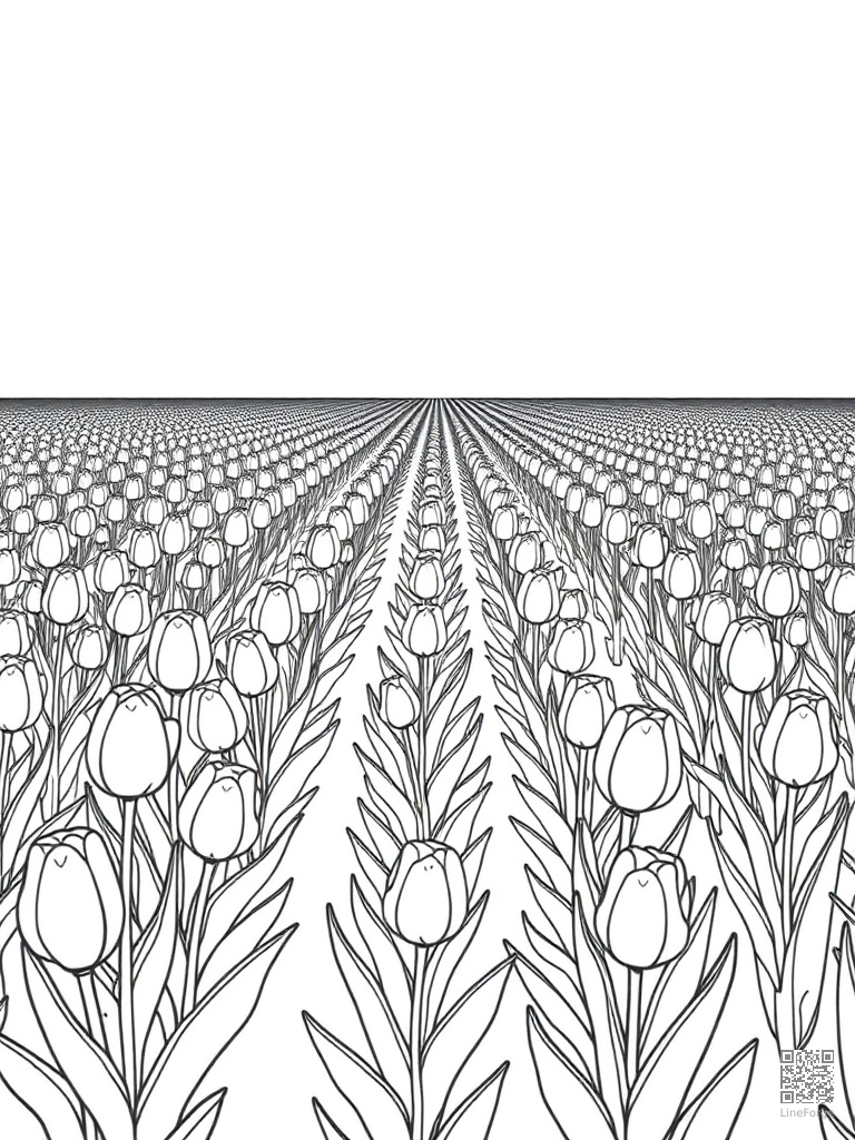 Tulip field stretching to the horizon in rows coloring page Minimal style - free printable