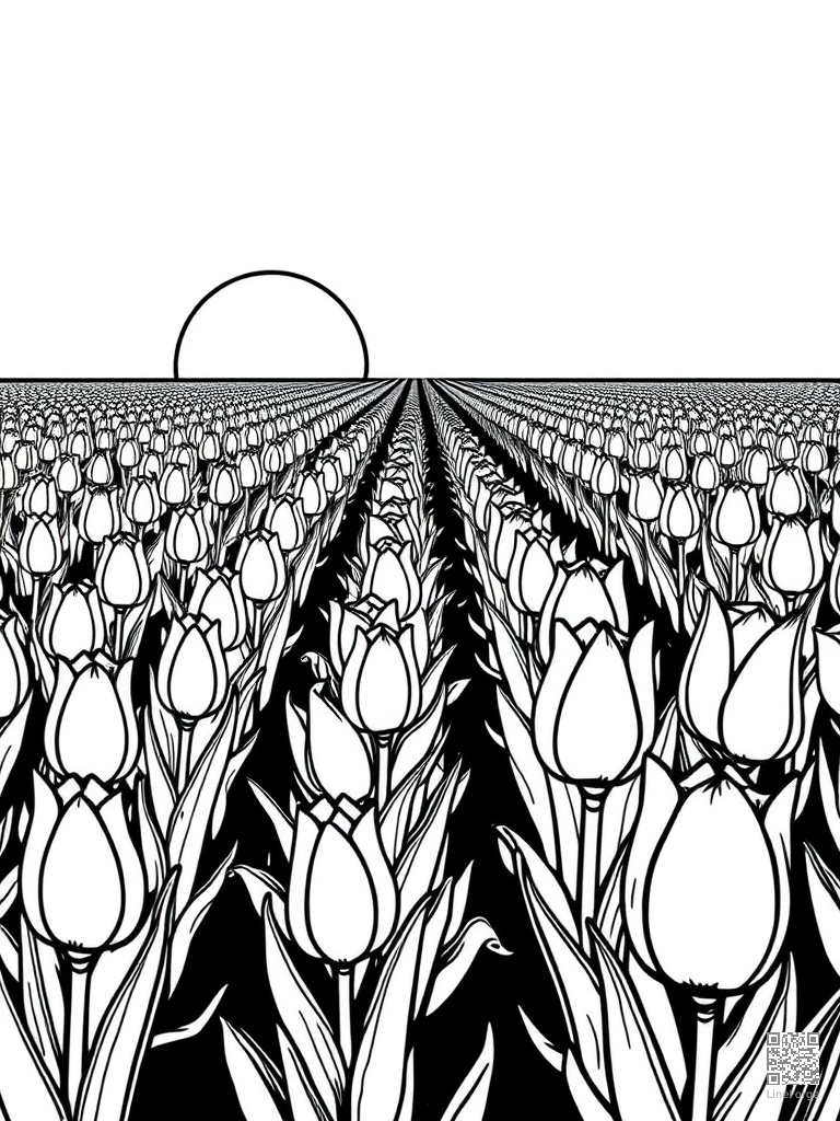 Tulip field stretching to the horizon in rows coloring page Woodcut style - free printable