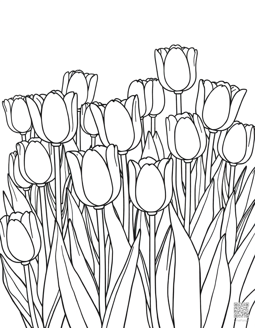 Free tulip garden in full spring bloom coloring page in contour style — printable line art
