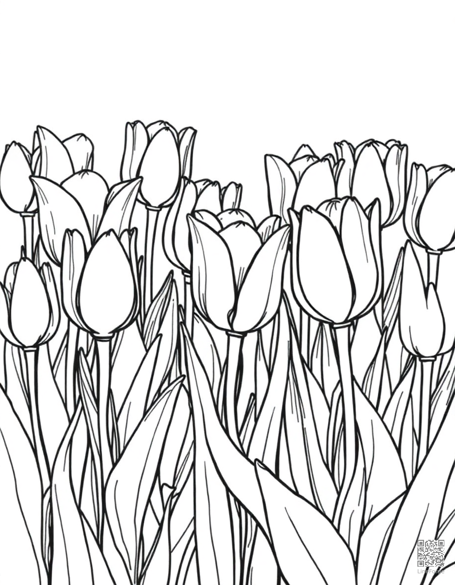 tulip garden in full spring bloom coloring page Crosshatch style - free printable