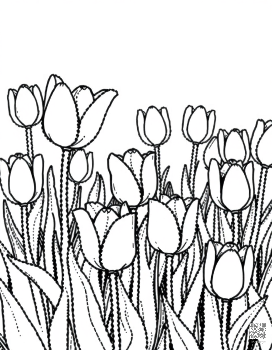 Free tulip garden in full spring bloom coloring page in stipple style — printable line art