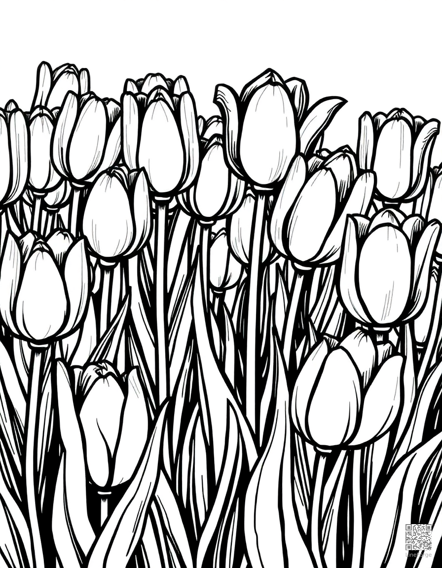 tulip garden in full spring bloom coloring page Woodcut style - free printable