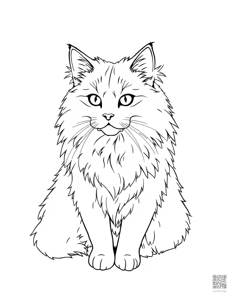 Free turkish angora cat with flowing white fur coloring page in contour style — printable line art