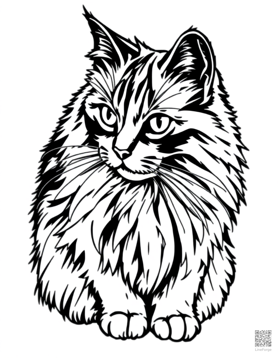 turkish angora cat with flowing white fur coloring page Crosshatch style - free printable