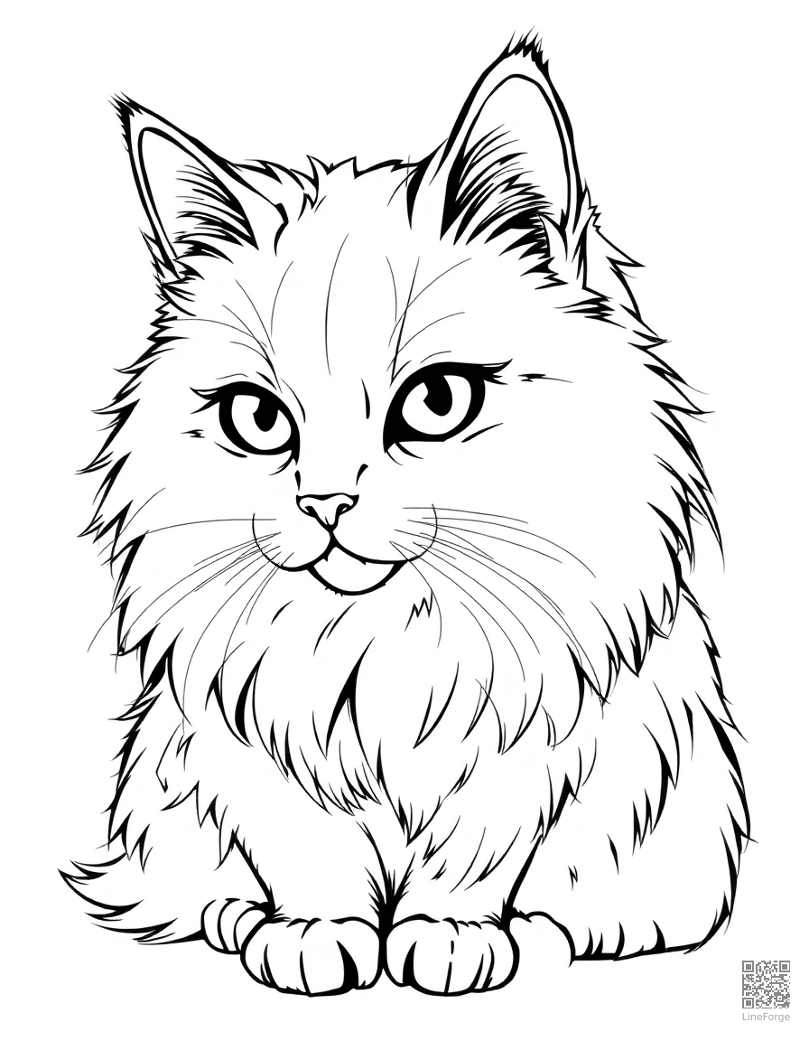 Free turkish angora cat with flowing white fur coloring page in manga style — printable line art