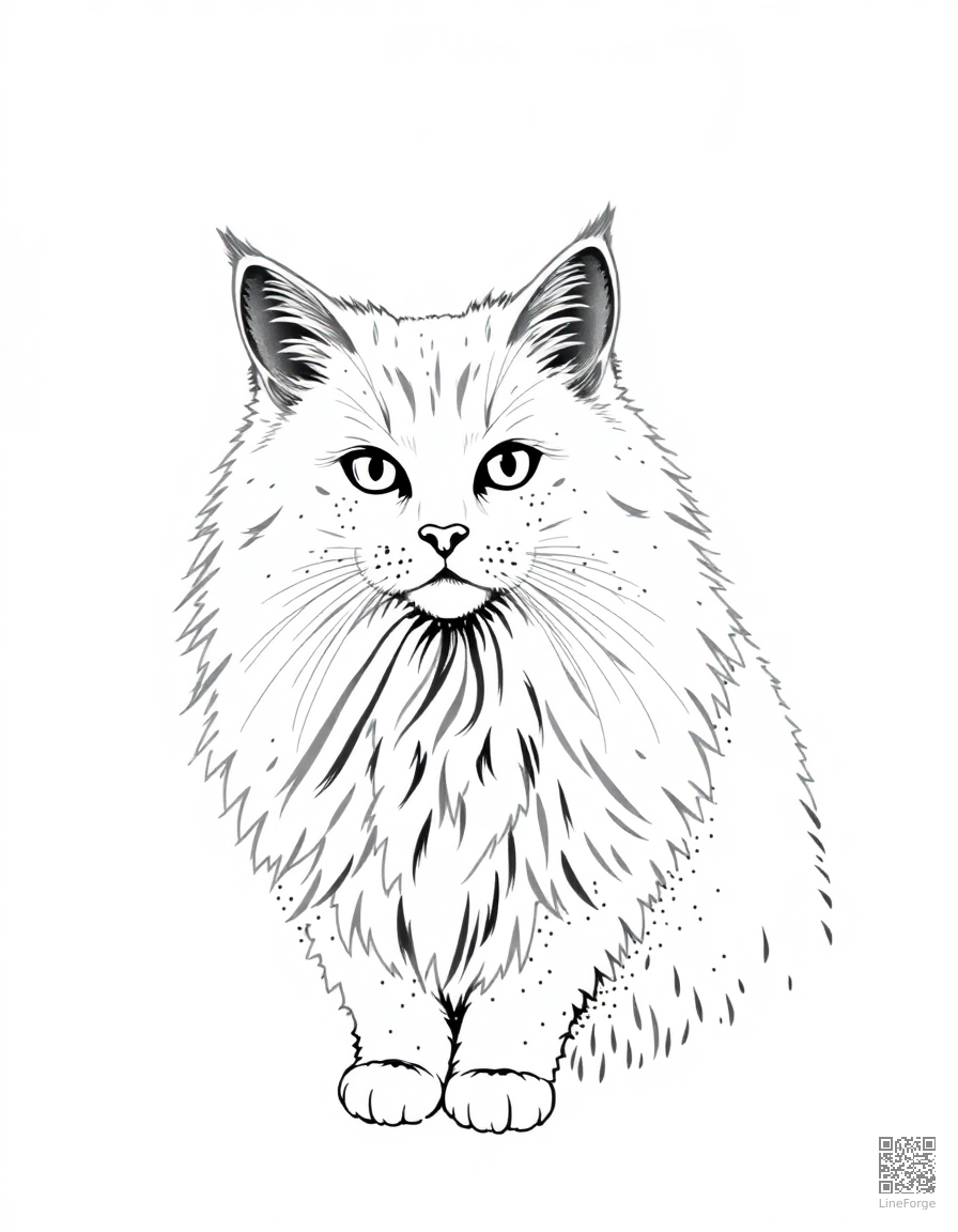 Free turkish angora cat with flowing white fur coloring page in stipple style — printable line art