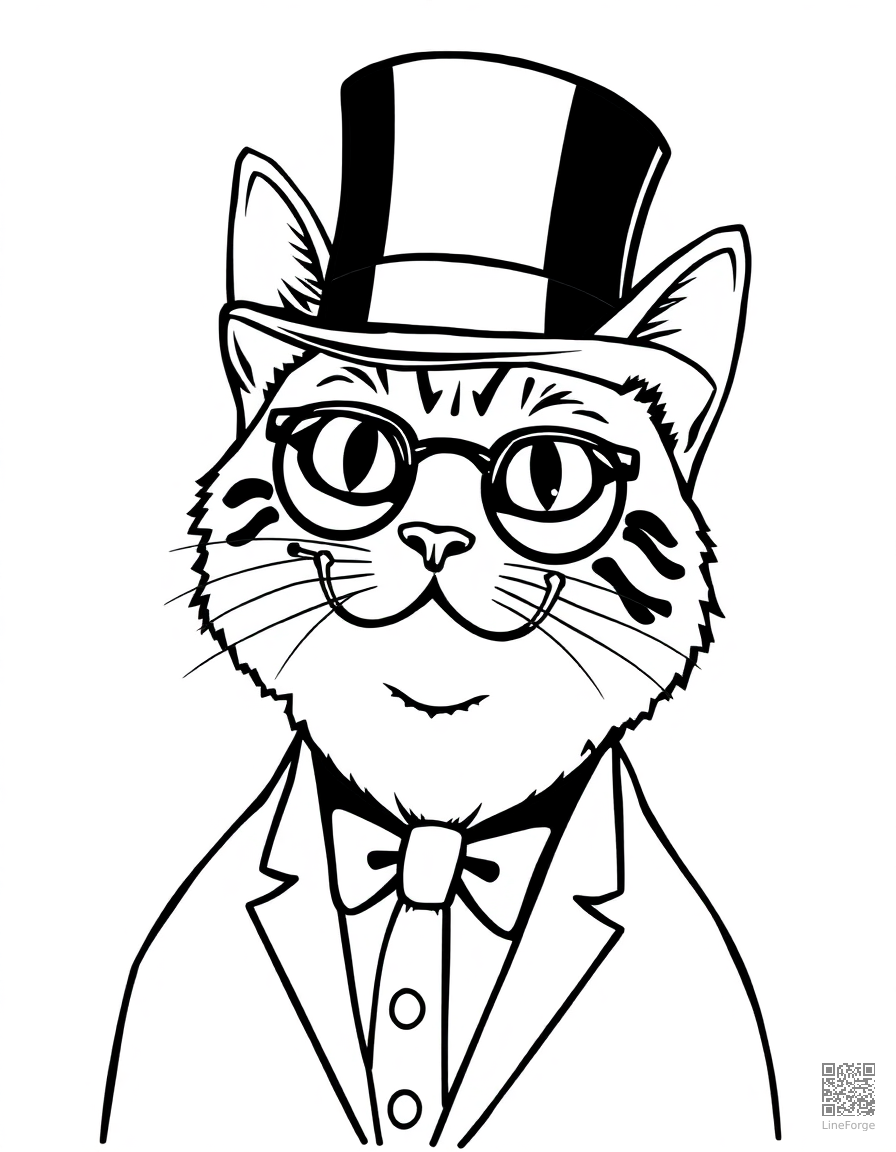 Free tuxedo cat wearing a top hat and monocle coloring page in contour style — printable line art