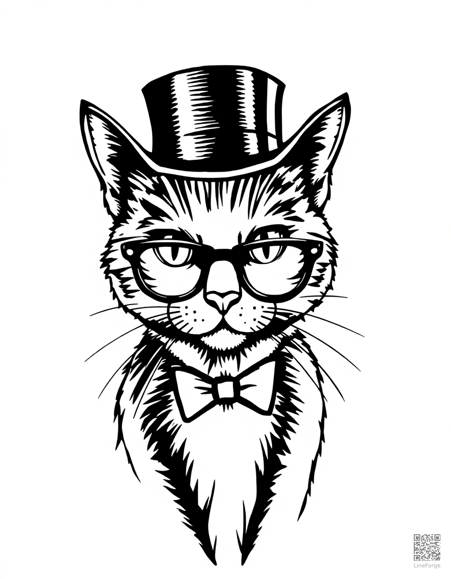 Free tuxedo cat wearing a top hat and monocle coloring page in crosshatch style — printable line art