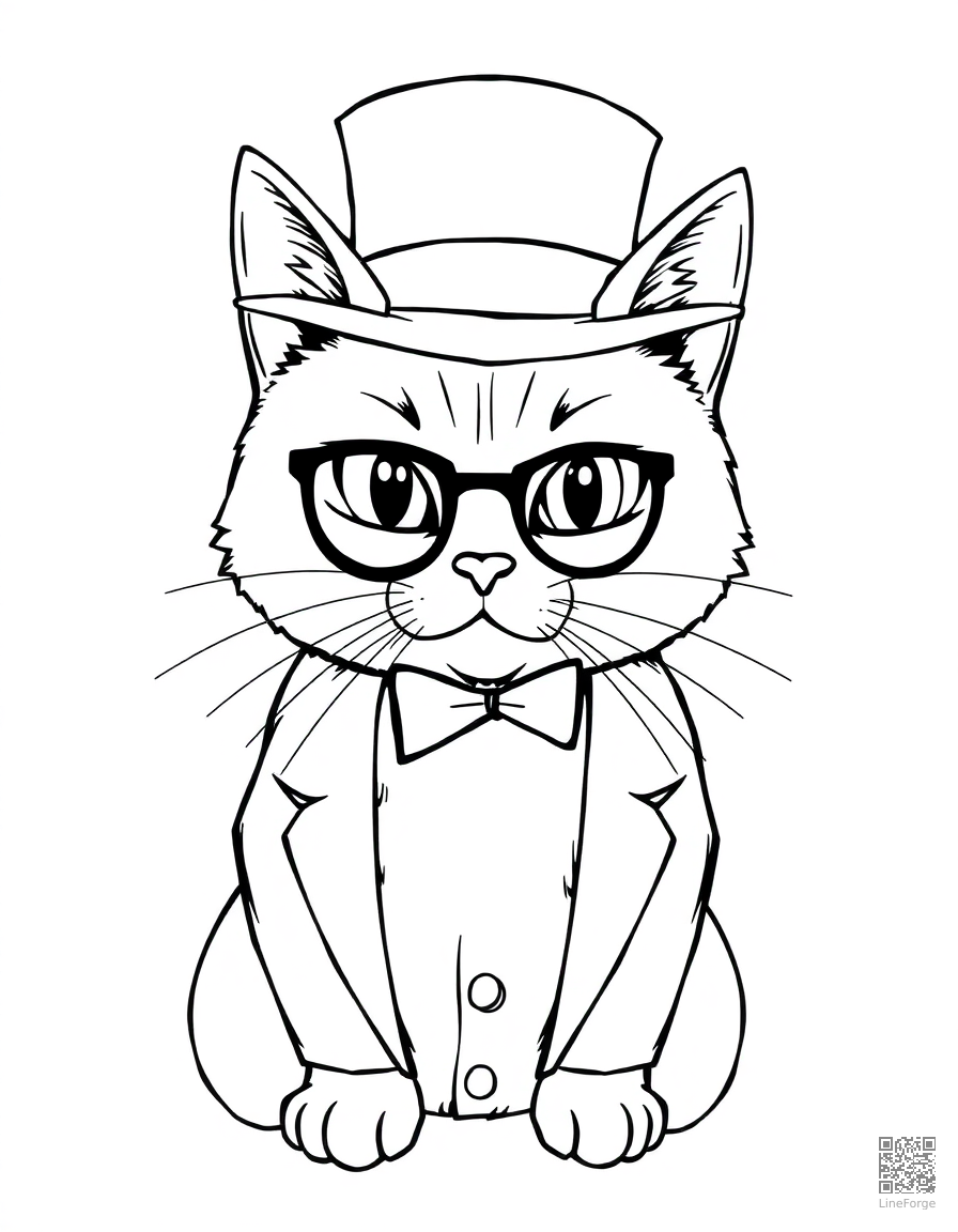 Free tuxedo cat wearing a top hat and monocle coloring page in manga style — printable line art