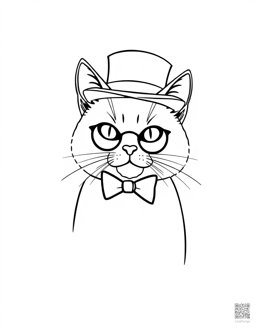Free tuxedo cat wearing a top hat and monocle coloring page in minimal style — printable line art