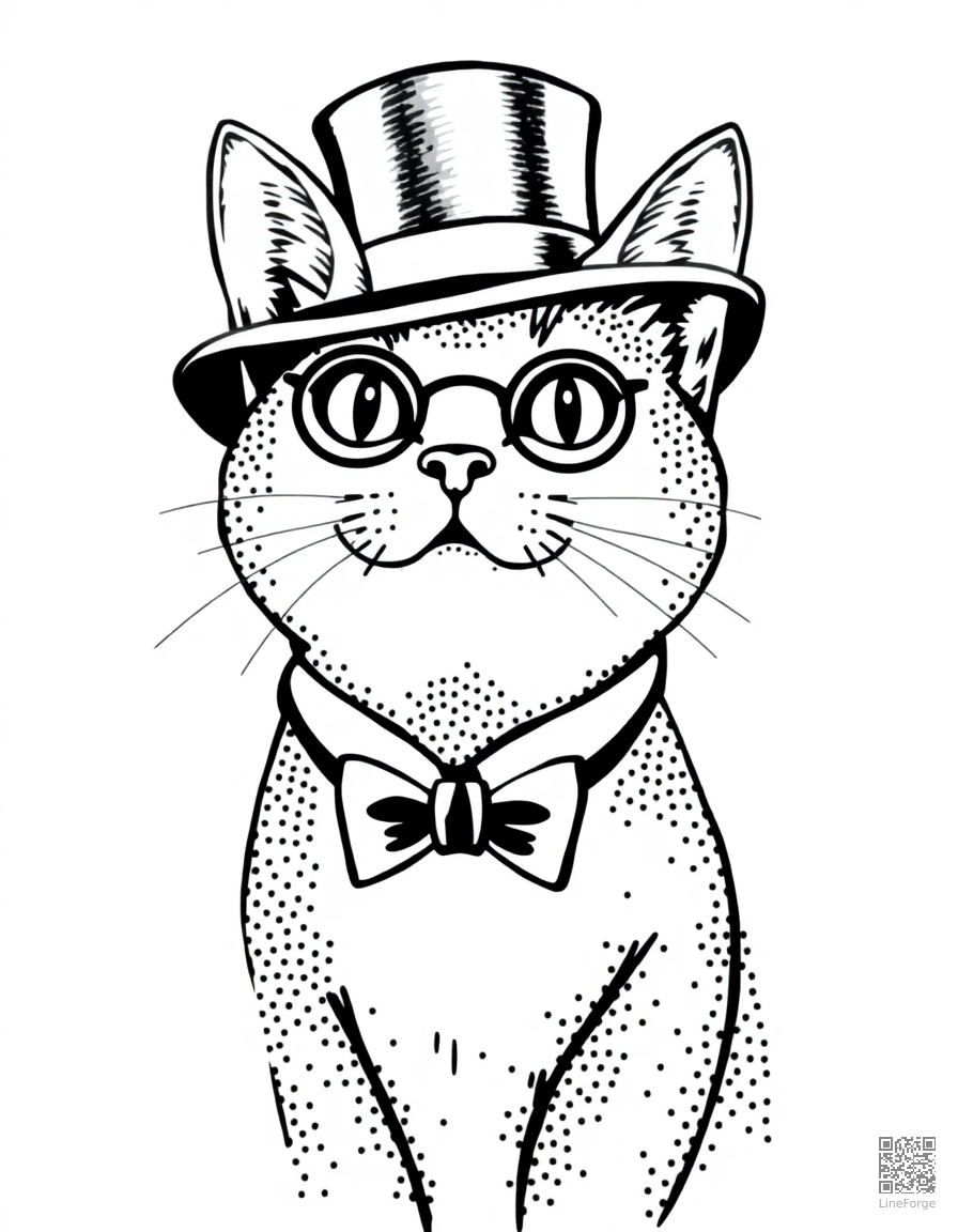 Free tuxedo cat wearing a top hat and monocle coloring page in stipple style — printable line art