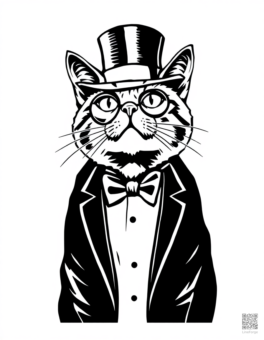 Free tuxedo cat wearing a top hat and monocle coloring page in woodcut style — printable line art