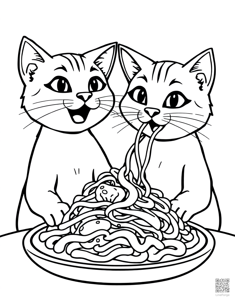two cats sharing a spaghetti dinner coloring page Contour style - free printable