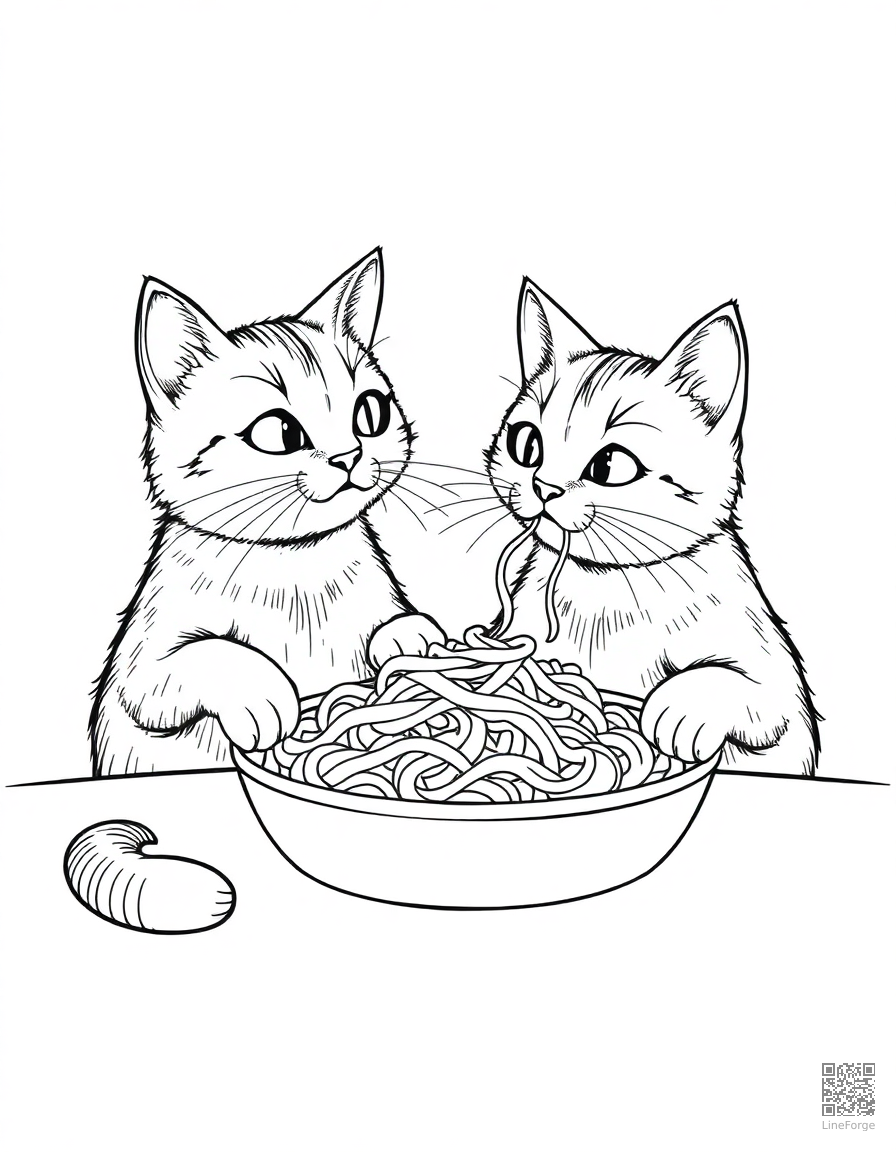 Free two cats sharing a spaghetti dinner coloring page in crosshatch style — printable line art