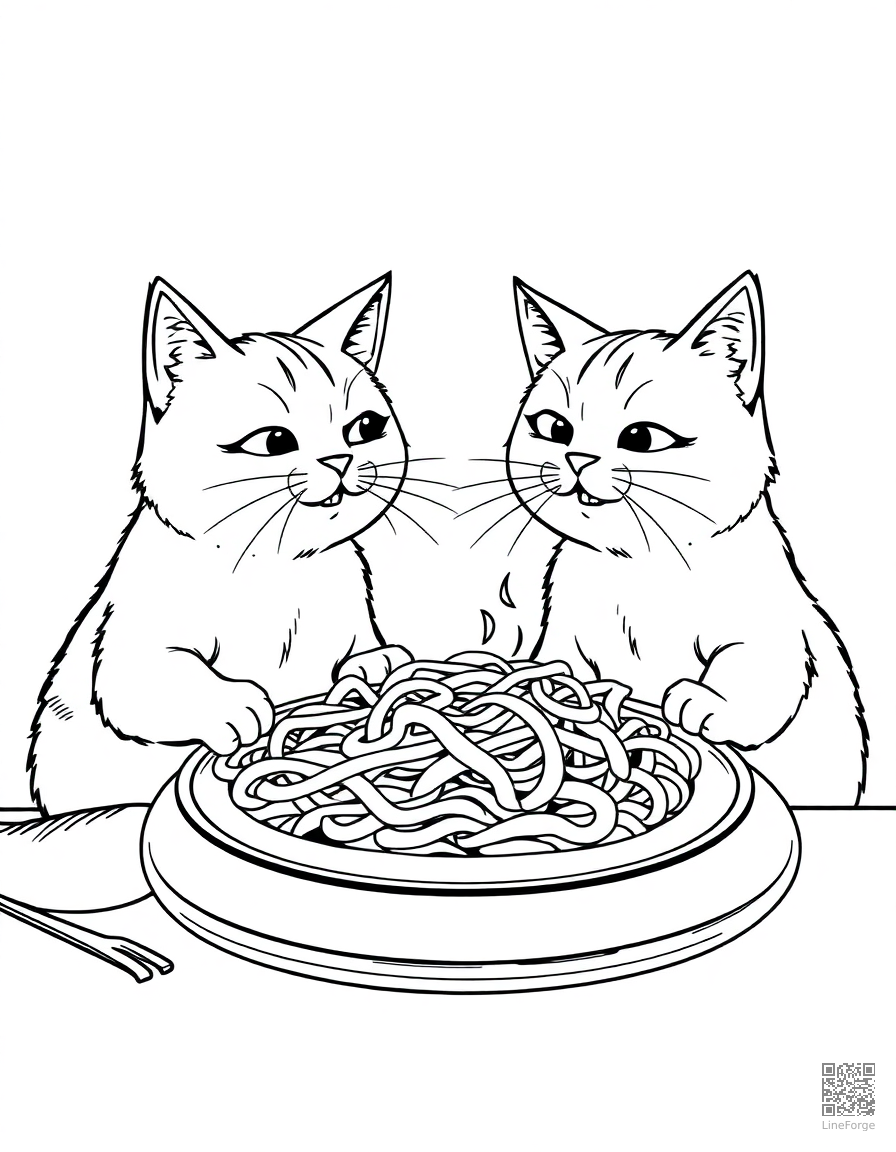 Free two cats sharing a spaghetti dinner coloring page in manga style — printable line art