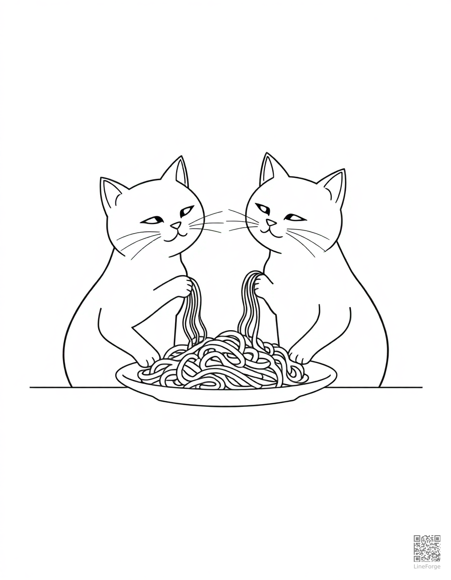 Free two cats sharing a spaghetti dinner coloring page in minimal style — printable line art